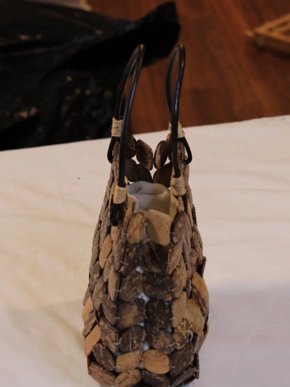 Franchi Vintage Boho Coconut Shell Tile Handbag Purse Brown